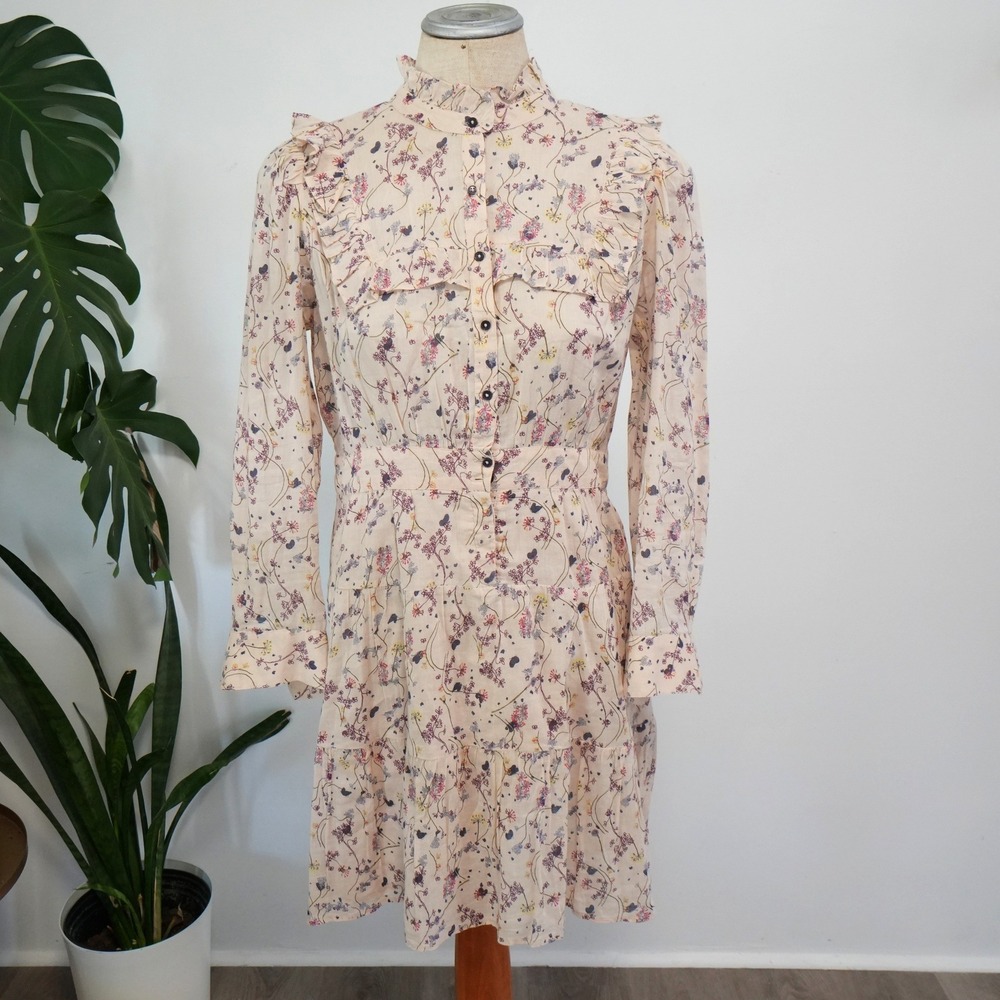 ba&sh Bell Dress 1 S Nude Floral Ruffle High Neck Cotton Mini Boho Cottagecore